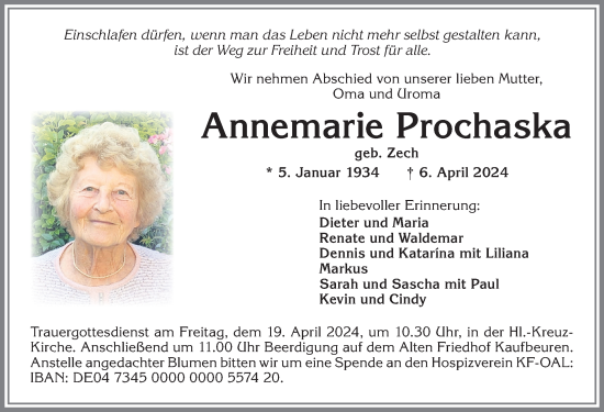 Traueranzeige von Annemarie Prochaska von Allgäuer Zeitung, Kaufbeuren/Buchloe