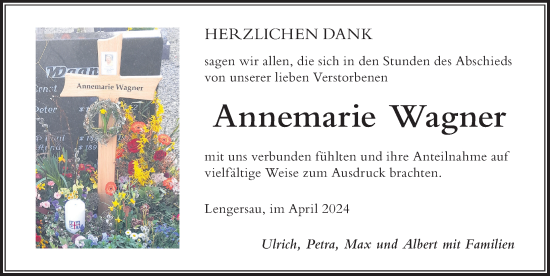 Traueranzeige von Annemarie Wagner von Der Westallgäuer