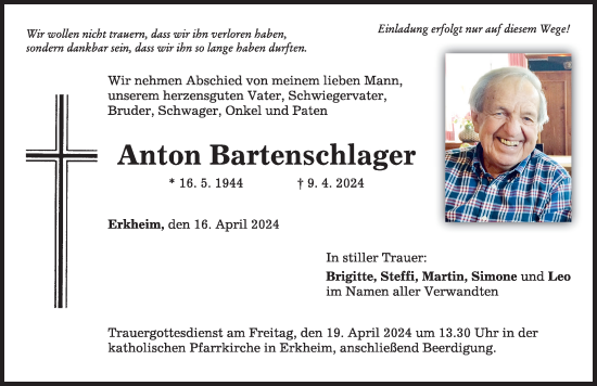 Traueranzeige von Anton Bartenschlager von Augsburger Allgemeine, Mindelheimer Zeitung