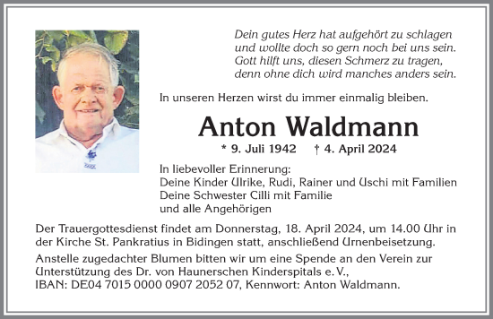 Traueranzeige von Anton Waldmann von Allgäuer Zeitung, Marktoberdorf