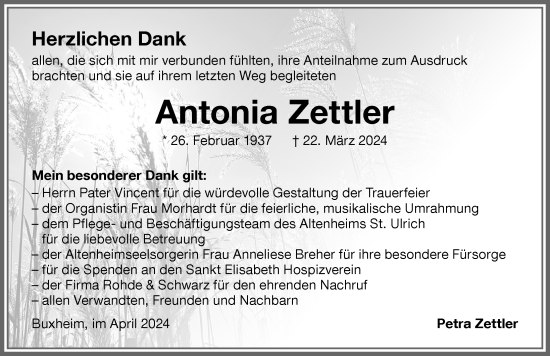 Traueranzeige von Antonia Zettler von Memminger Zeitung