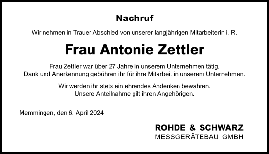 Traueranzeige von Antonie Zettler von Memminger Zeitung