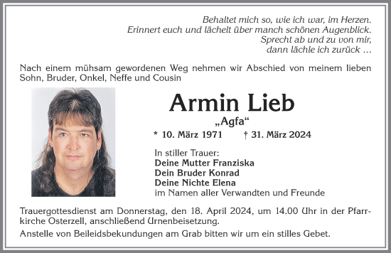 Traueranzeige von Armin Lieb von Allgäuer Zeitung, Marktoberdorf