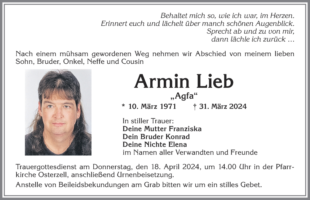  Traueranzeige für Armin Lieb vom 13.04.2024 aus Allgäuer Zeitung, Marktoberdorf