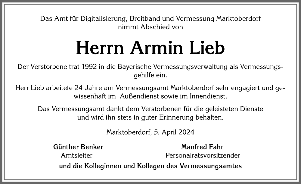  Traueranzeige für Armin Lieb vom 13.04.2024 aus Allgäuer Zeitung, Kaufbeuren/Buchloe