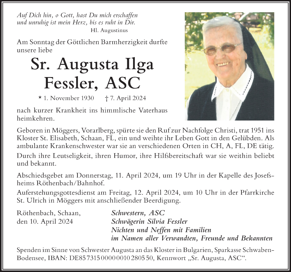  Traueranzeige für Augusta Ilga Fessler vom 10.04.2024 aus Der Westallgäuer
