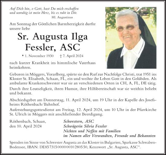 Traueranzeige von Augusta Ilga Fessler von Der Westallgäuer