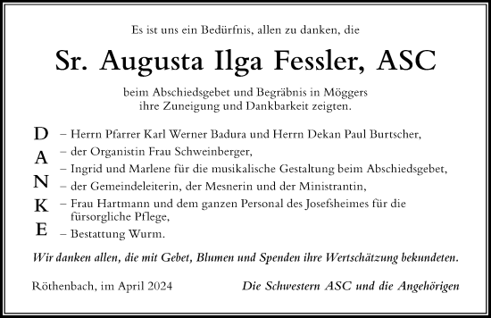 Traueranzeige von Augusta Ilga Fessler von Der Westallgäuer