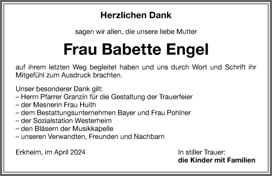 Traueranzeige von Babette Engel von Memminger Zeitung