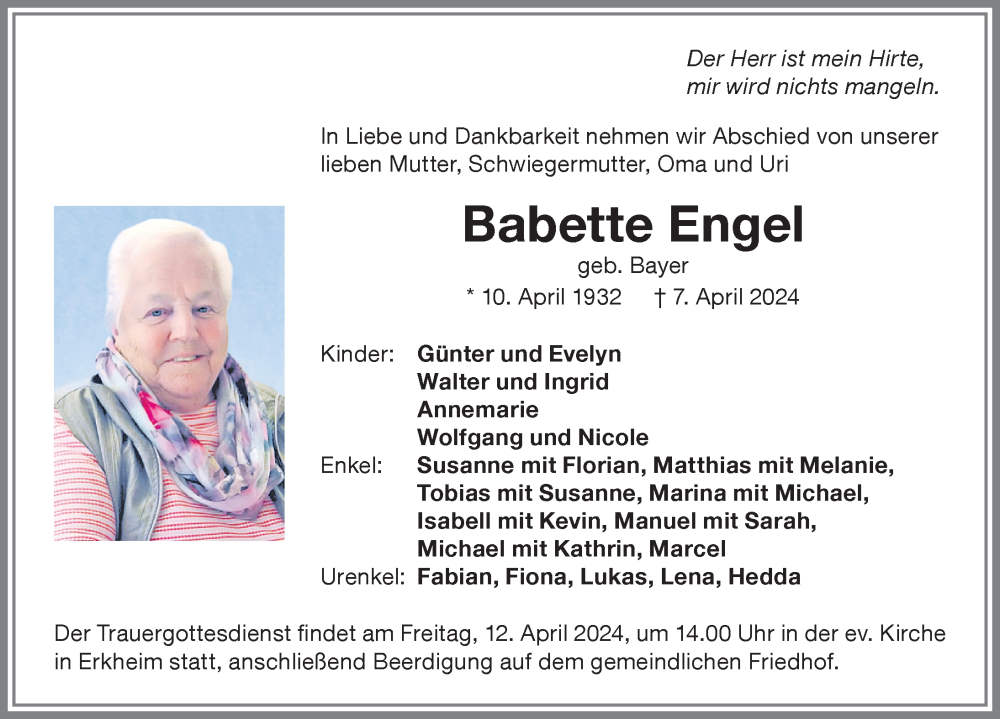  Traueranzeige für Babette Engel vom 11.04.2024 aus Memminger Zeitung