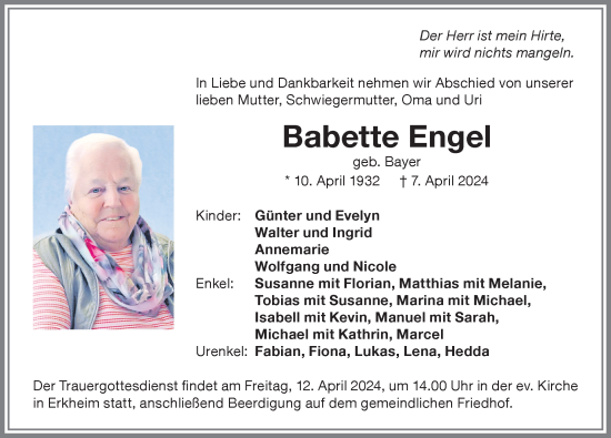 Traueranzeige von Babette Engel von Memminger Zeitung
