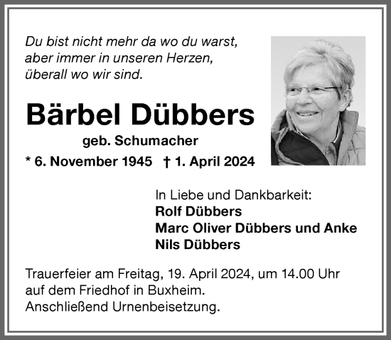 Traueranzeige von Bärbel Dübbers von Memminger Zeitung