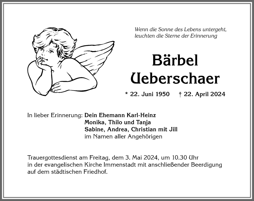  Traueranzeige für Bärbel Ueberschaer vom 27.04.2024 aus Allgäuer Anzeigeblatt