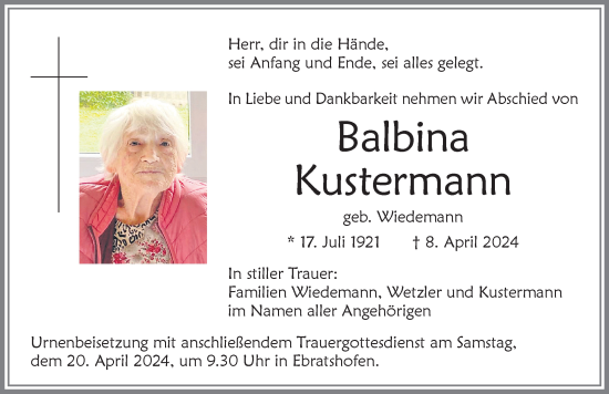 Traueranzeige von Balbina Kustermann von Der Westallgäuer