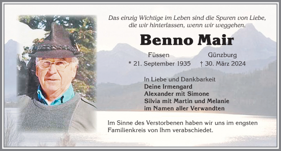 Traueranzeige von Benno Mair von Allgäuer Zeitung, Füssen