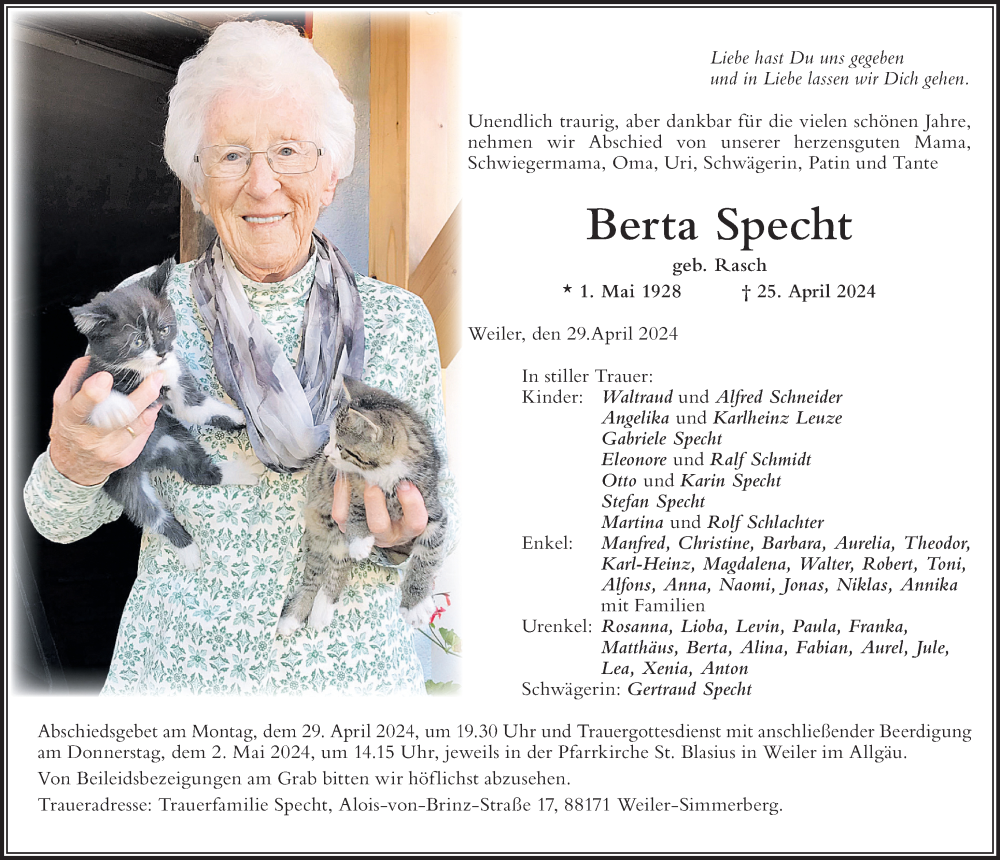  Traueranzeige für Berta Specht vom 29.04.2024 aus Der Westallgäuer