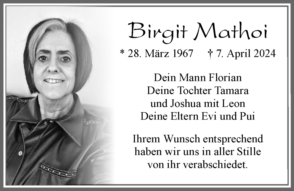  Traueranzeige für Birgit Mathoi vom 27.04.2024 aus Allgäuer Zeitung,Kempten