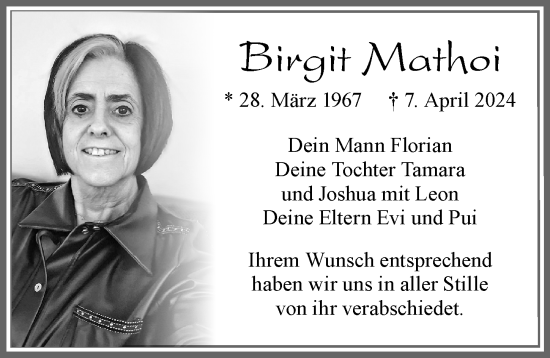 Traueranzeige von Birgit Mathoi von Allgäuer Zeitung,Kempten