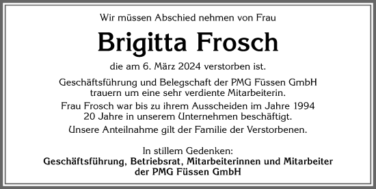 Traueranzeige von Brigitta Frosch von Allgäuer Zeitung, Füssen