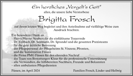 Traueranzeige von Brigitta Frosch von Allgäuer Zeitung, Füssen
