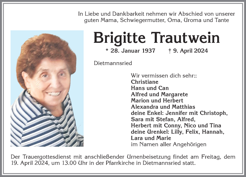  Traueranzeige für Brigitte Trautwein vom 16.04.2024 aus Allgäuer Zeitung,Kempten