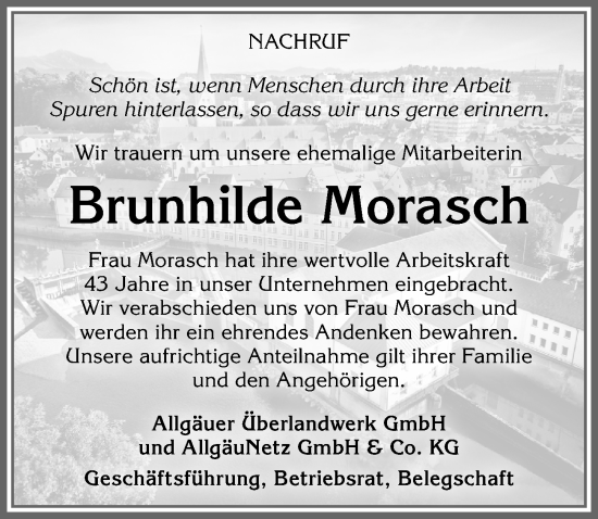 Traueranzeige von Brunhilde Morasch von Allgäuer Zeitung,Kempten
