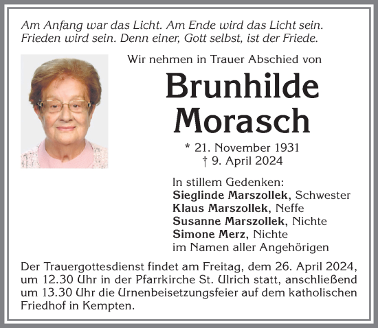 Traueranzeige von Brunhilde Morasch von Allgäuer Zeitung,Kempten