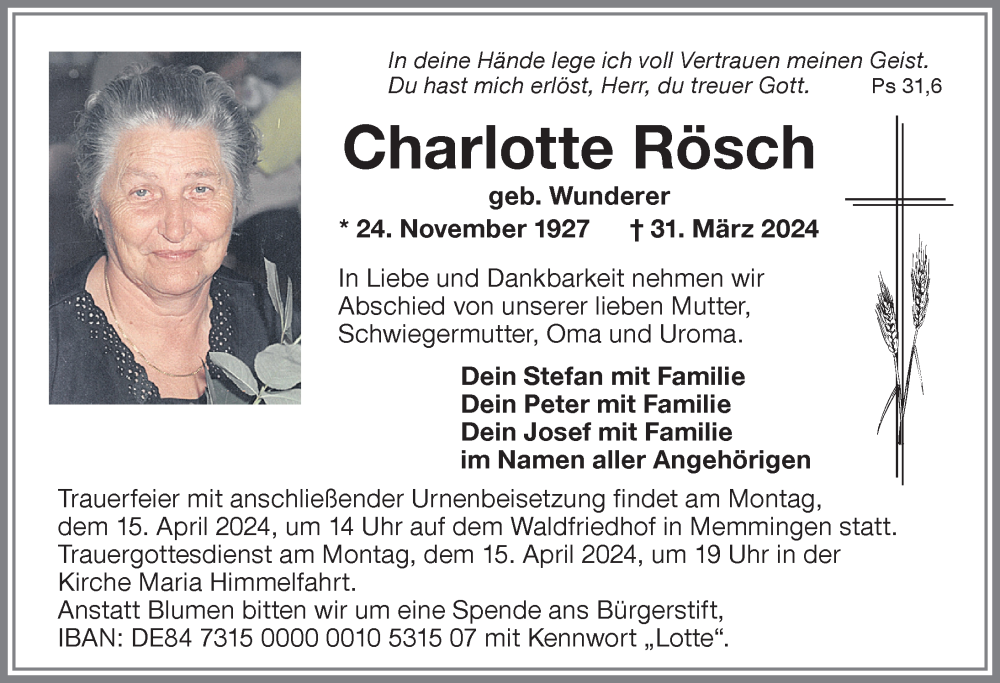  Traueranzeige für Charlotte Rösch vom 13.04.2024 aus Memminger Zeitung