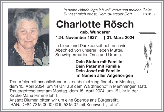 Traueranzeige von Charlotte Rösch von Memminger Zeitung