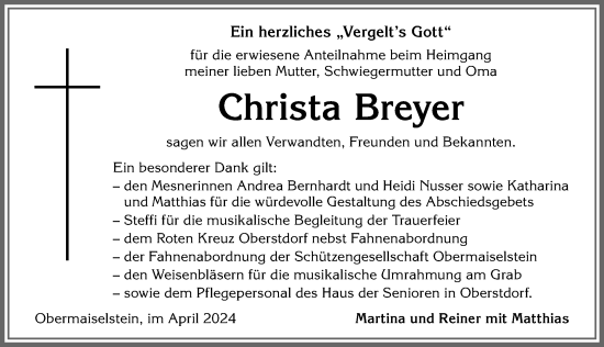 Traueranzeige von Christa Breyer von Allgäuer Anzeigeblatt