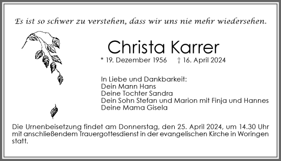 Traueranzeige von Christa Karrer von Memminger Zeitung