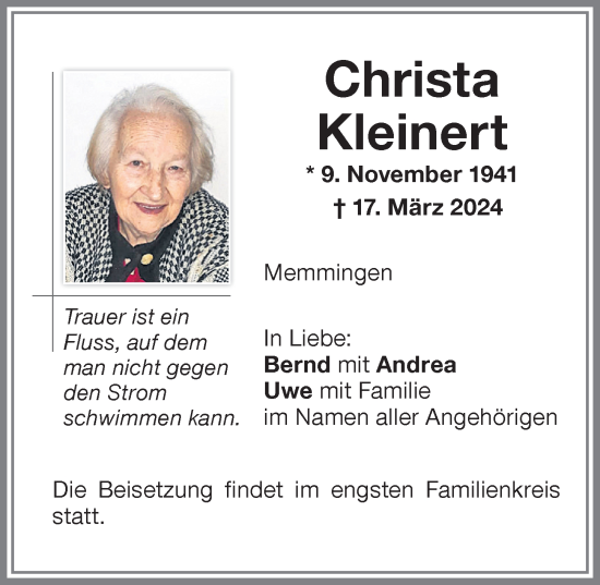 Traueranzeige von Christa Kleinert von Memminger Zeitung