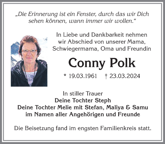 Traueranzeige von Conny Polk von Allgäuer Anzeigeblatt