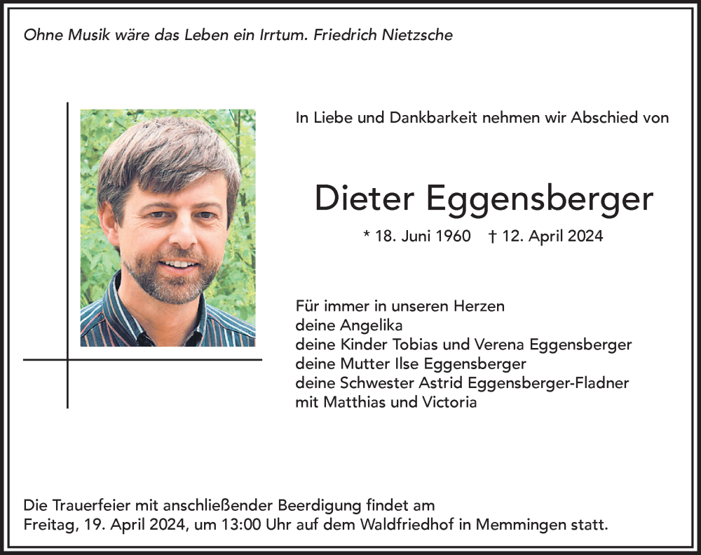  Traueranzeige für Dieter Eggensberger vom 16.04.2024 aus Memminger Zeitung