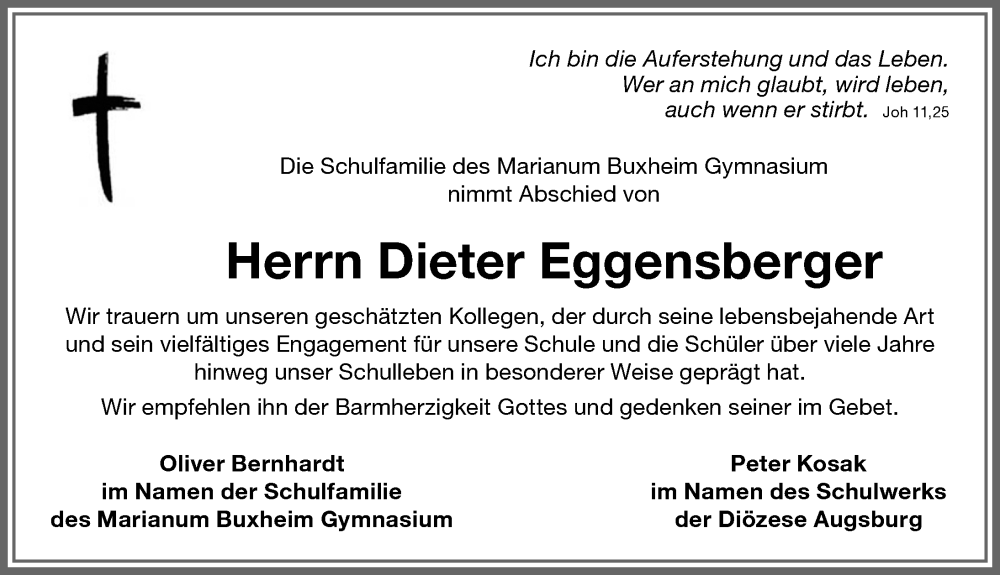  Traueranzeige für Dieter Eggensberger vom 20.04.2024 aus Memminger Zeitung