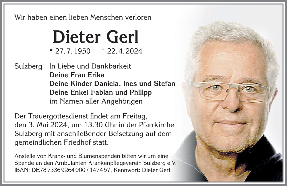  Traueranzeige für Dieter Gerl vom 27.04.2024 aus Allgäuer Zeitung, Gesamtausgabe