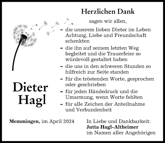 Traueranzeige von Dieter Hagl von Memminger Zeitung