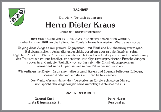 Traueranzeige von Dieter Kraus von Allgäuer Zeitung, Füssen