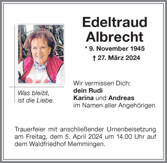 Traueranzeige von Edeltraud Albrecht von Memminger Zeitung