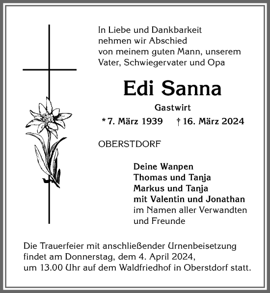 Traueranzeige von Edi Sanna von Allgäuer Anzeigeblatt