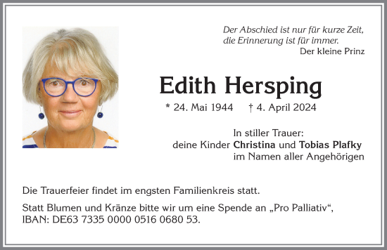 Traueranzeige von Edith Hersping von Allgäuer Zeitung,Kempten