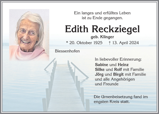 Traueranzeige von Edith Reckziegel von Allgäuer Zeitung, Marktoberdorf