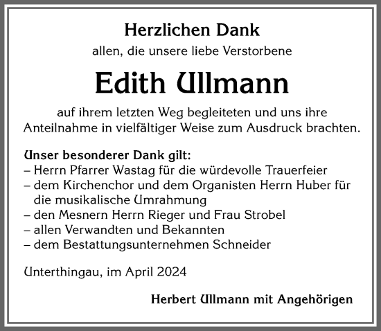 Traueranzeige von Edith Ullmann von Allgäuer Zeitung, Marktoberdorf