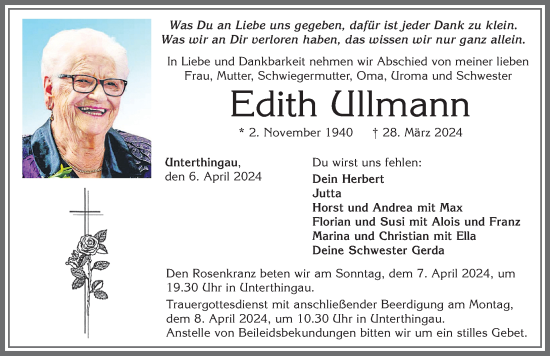 Traueranzeige von Edith Ullmann von Allgäuer Zeitung, Marktoberdorf