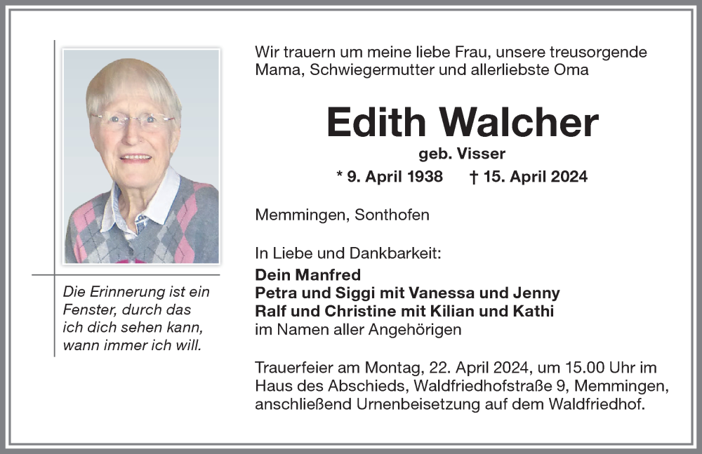  Traueranzeige für Edith Walcher vom 18.04.2024 aus Memminger Zeitung