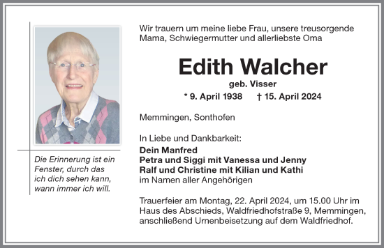 Traueranzeige von Edith Walcher von Memminger Zeitung