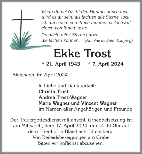 Traueranzeige von Ekke Trost von Allgäuer Zeitung,Kempten