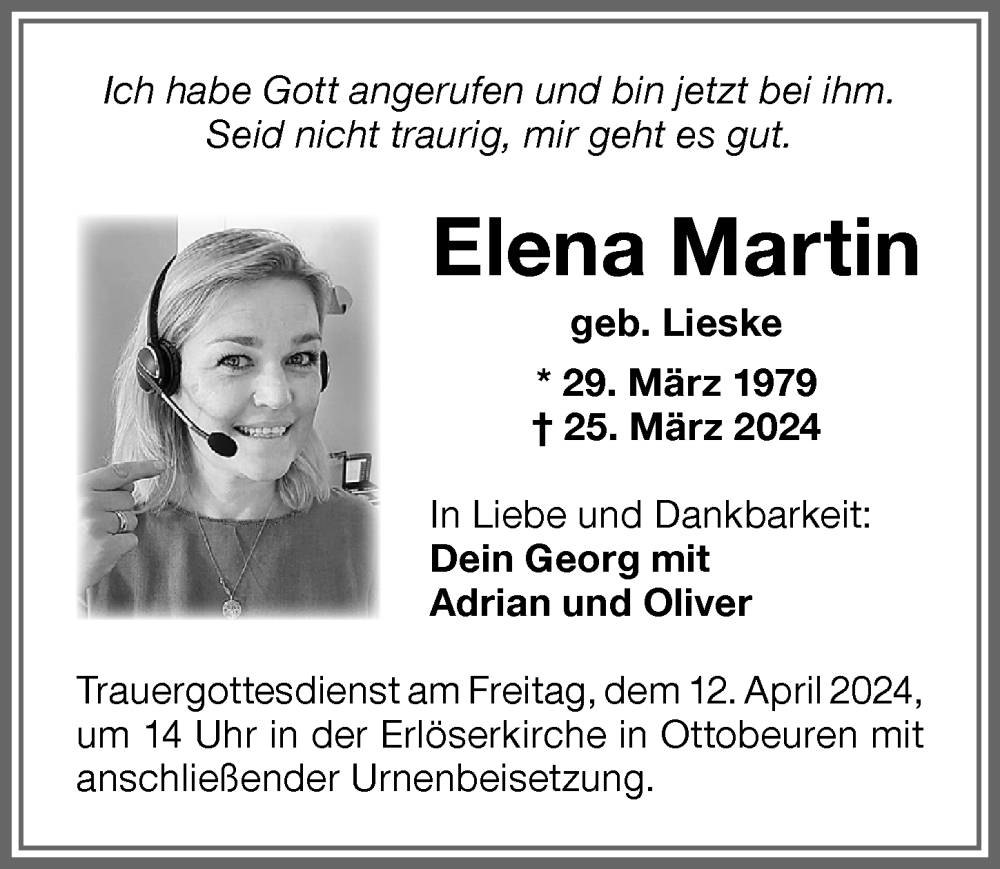  Traueranzeige für Elena Martin vom 05.04.2024 aus Memminger Zeitung