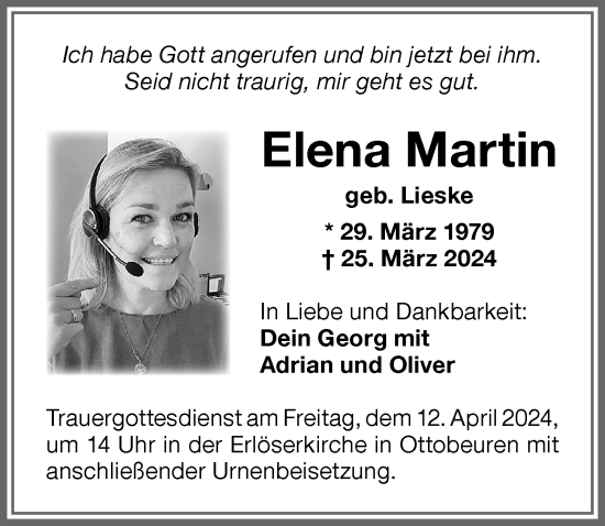 Traueranzeige von Elena Martin von Memminger Zeitung