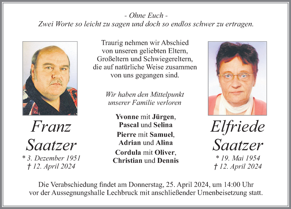  Traueranzeige für Elfriede Saatzer vom 20.04.2024 aus Allgäuer Zeitung, Füssen